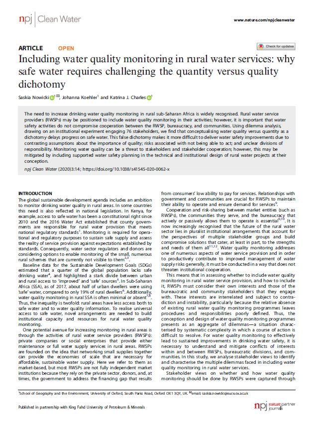 Article cover: Including water quality monitoring in rural water services