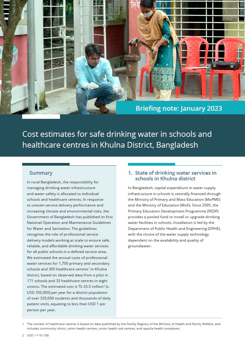 Document cover: Cost estimates for safe drinking water in schools and healthcare centres in Khulna District, Bangladesh