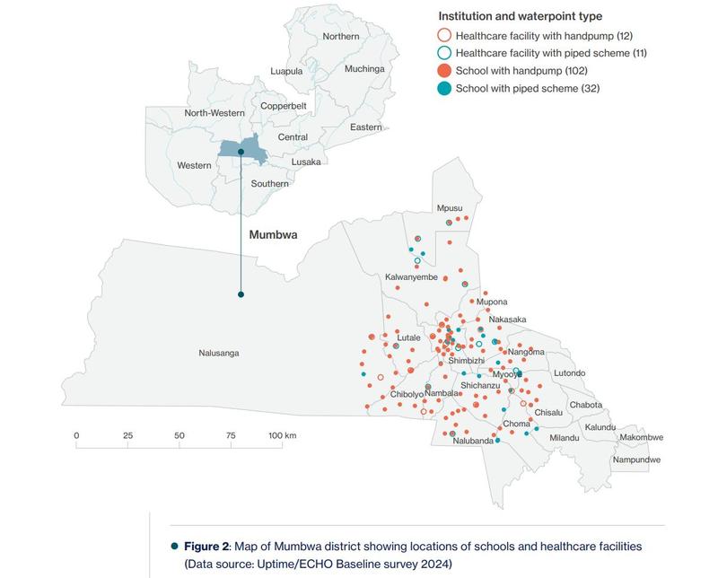 Map of Mumbwa district showing locations of schools and healthcare facilitites
